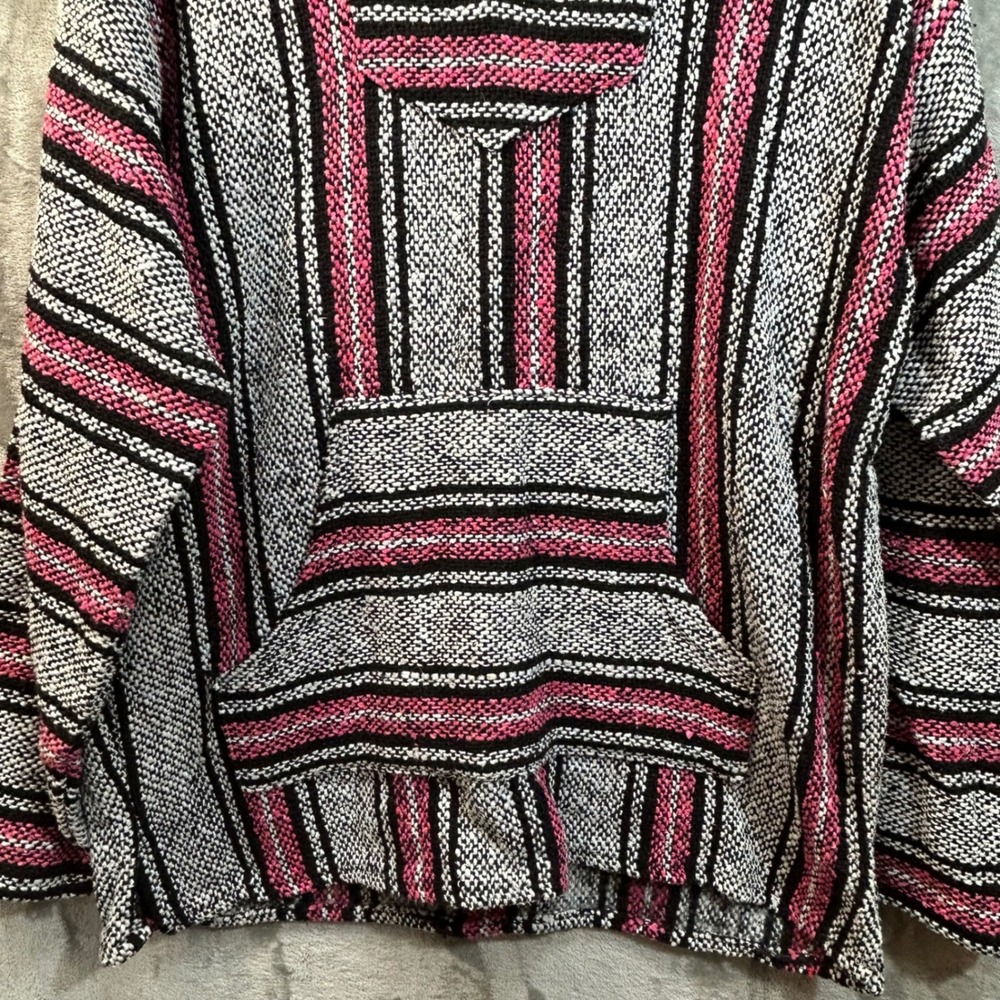 Iguana Jack Baja Hoodie Pink Black White Striped Mexican Blanket Pullover Medium - Picture 3 of 7